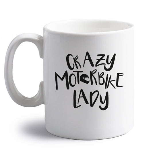 Crazy motorbike lady right handed white ceramic mug 
