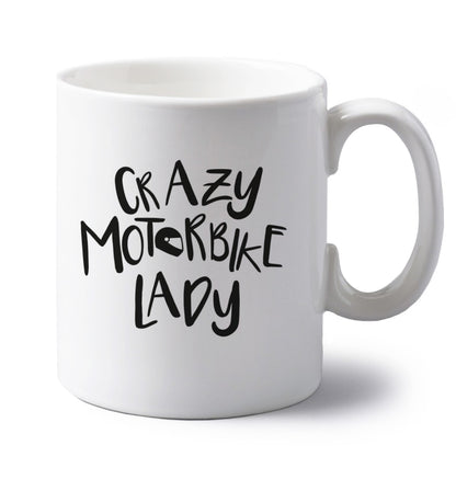 Crazy motorbike lady left handed white ceramic mug 