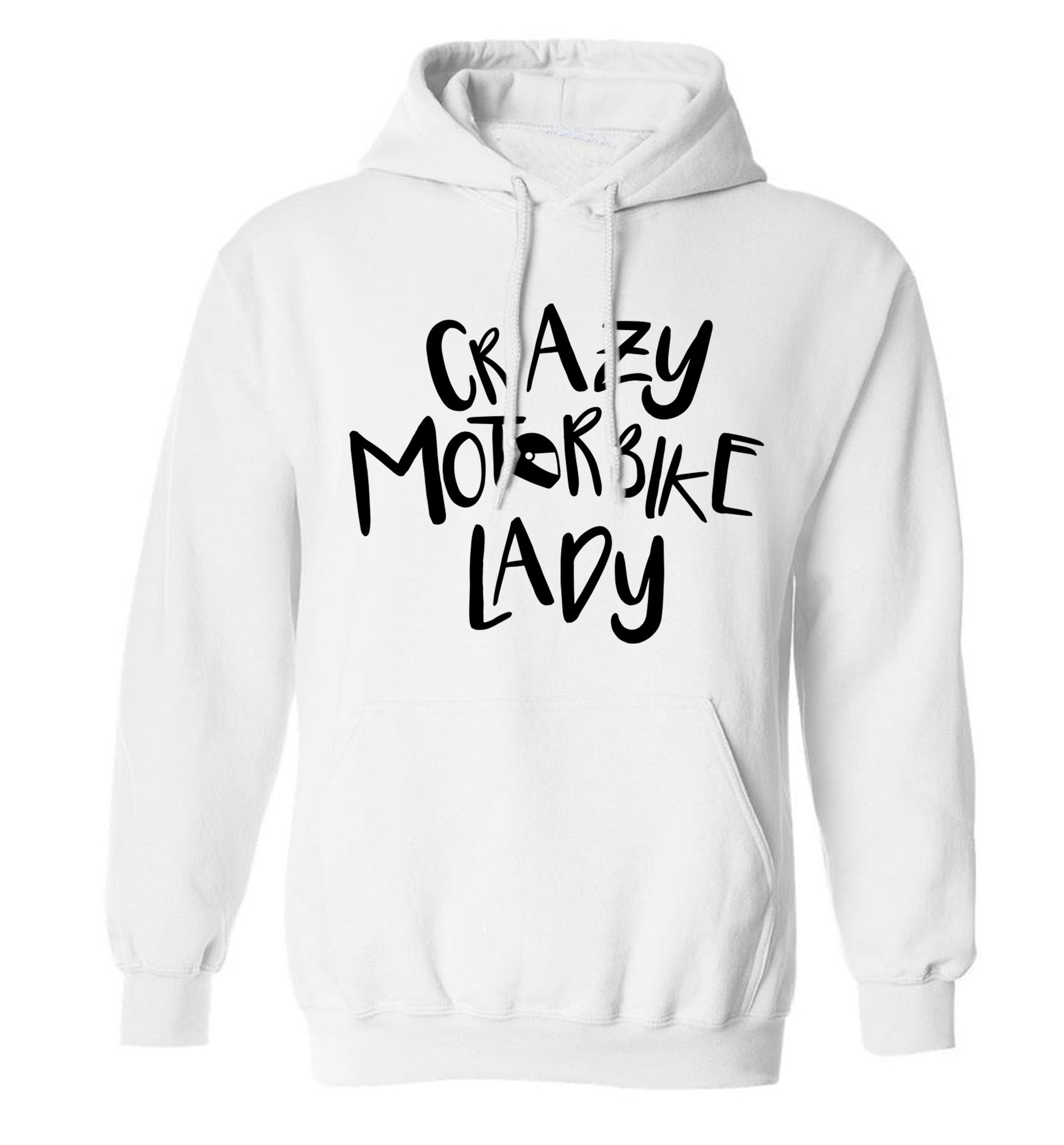 Crazy motorbike lady adults unisex white hoodie 2XL