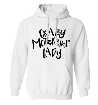 Crazy motorbike lady adults unisex white hoodie 2XL