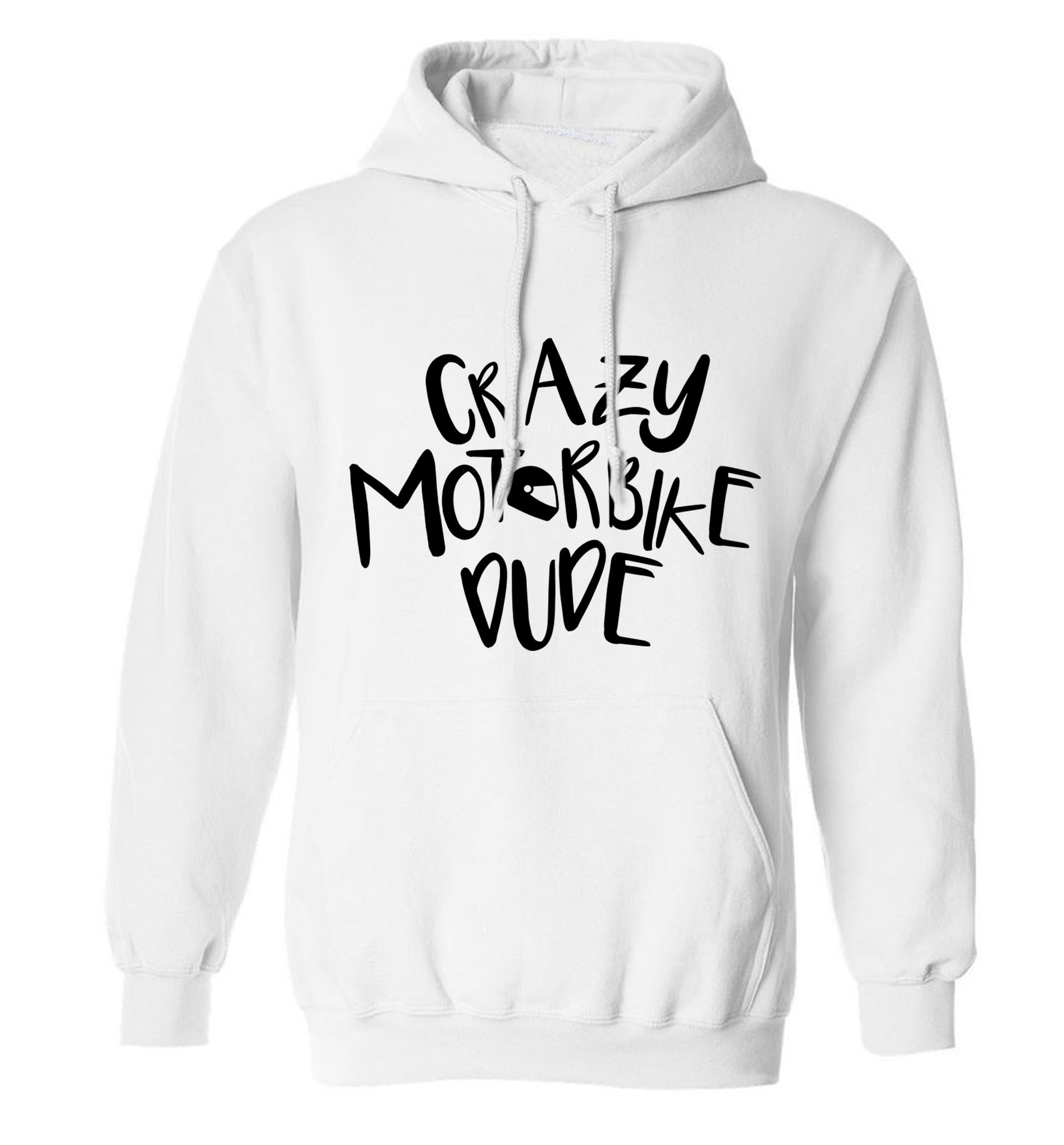 Crazy motorbike dude adults unisex white hoodie 2XL