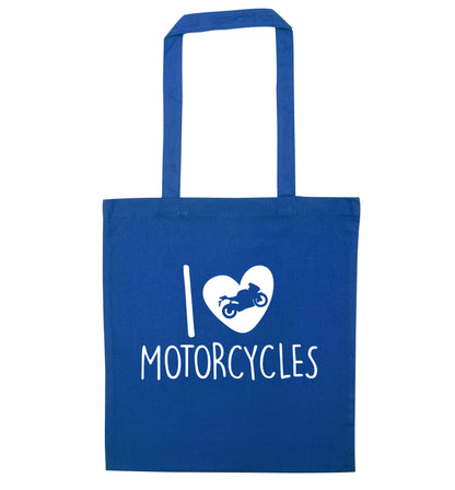 I love motorcycles blue tote bag