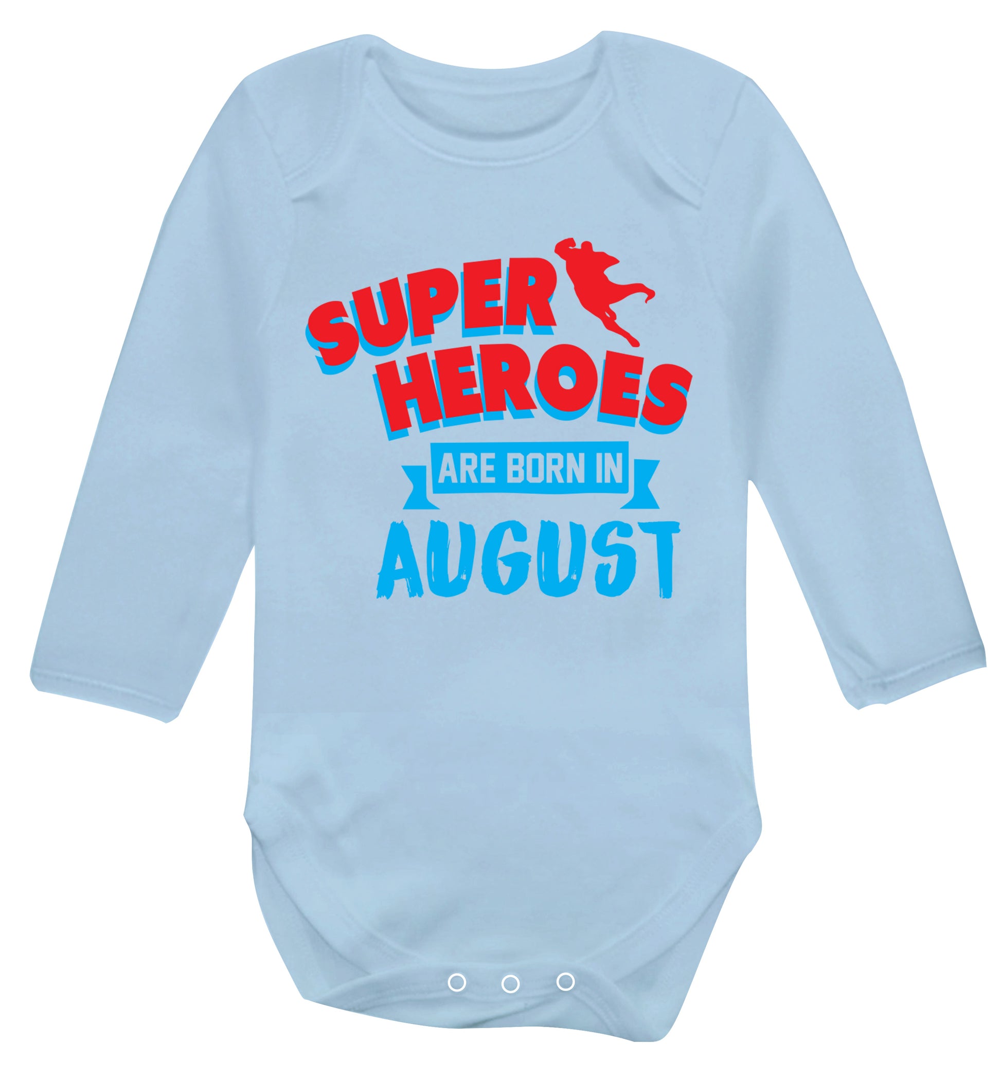 Superheroes are born in August Baby Vest long sleeved pale blue 6-12 months