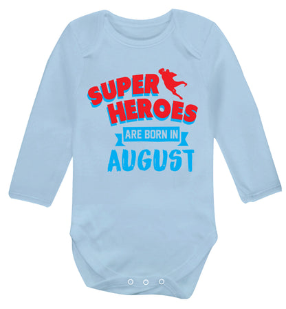 Superheroes are born in August Baby Vest long sleeved pale blue 6-12 months