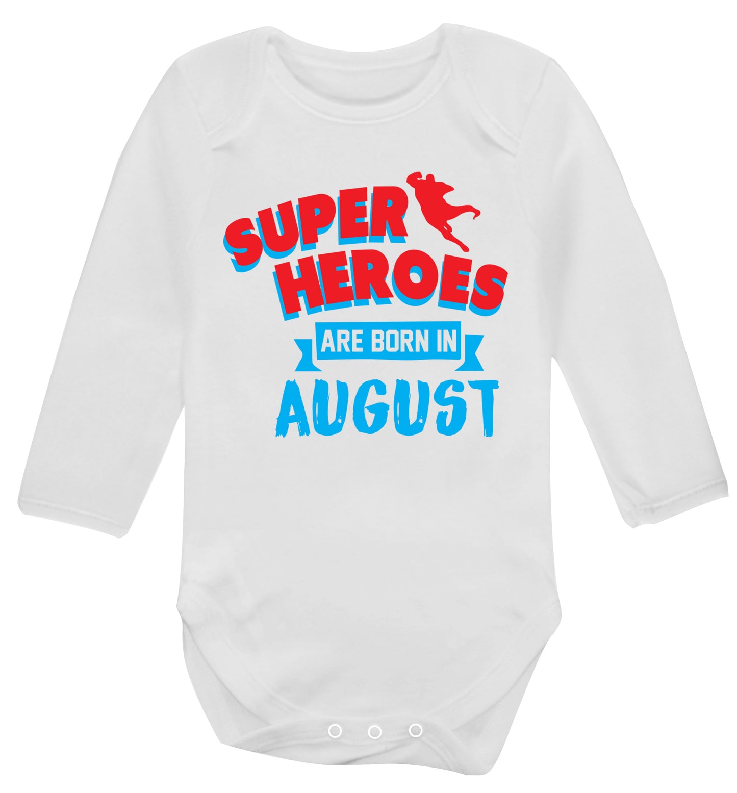 Superheroes are born in August Baby Vest long sleeved white 6-12 months