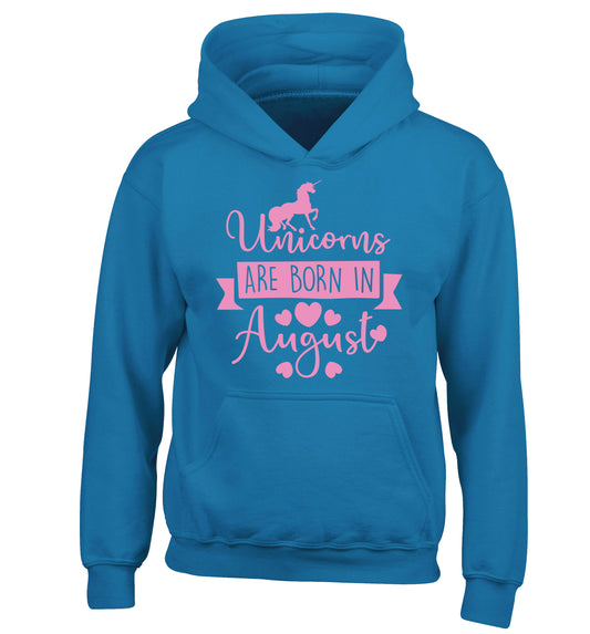 Unicorns are born in August children's blue hoodie 12-13 Years
