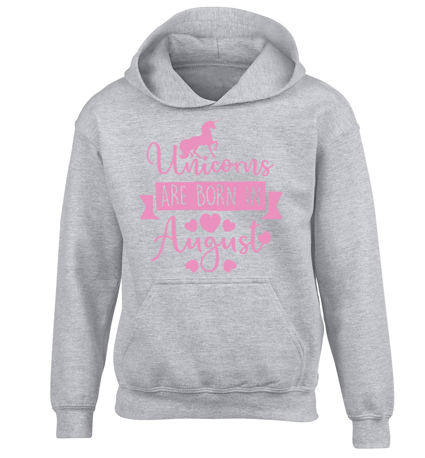 Unicorns are born in August children's grey hoodie 12-13 Years