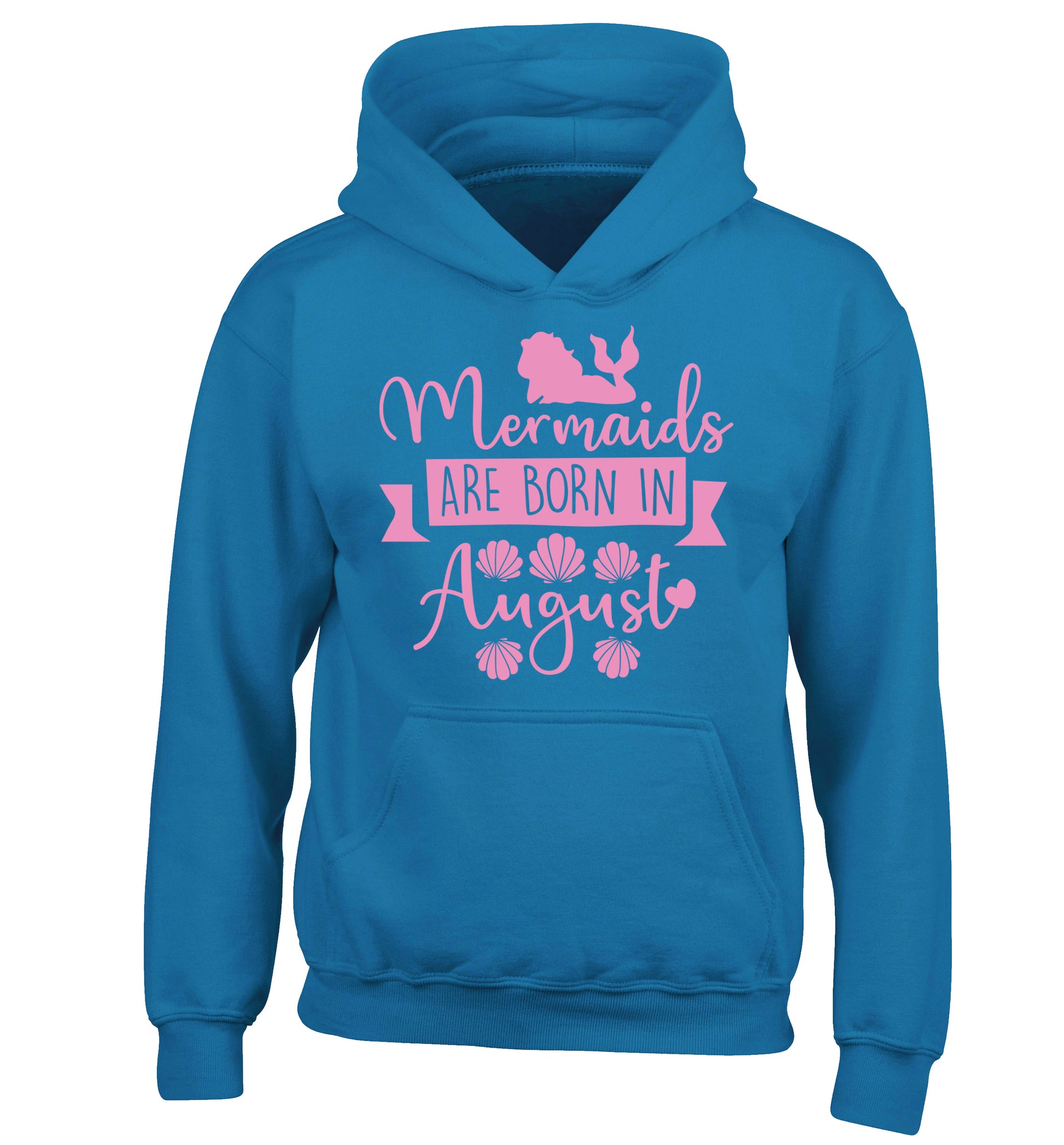 Mermaids are born in August children's blue hoodie 12-13 Years