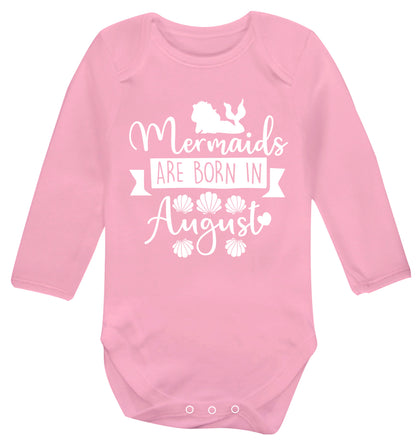 Mermaids are born in August Baby Vest long sleeved pale pink 6-12 months
