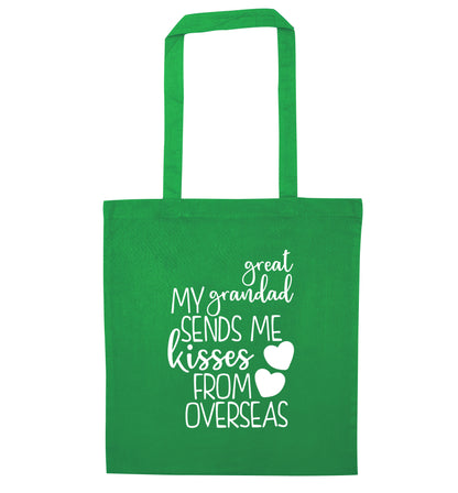 My great grandad sends me kisses from overseas green tote bag