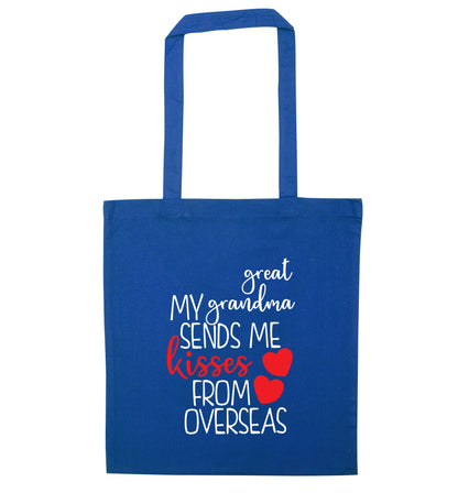 My great grandma sends me kisses from overseas blue tote bag