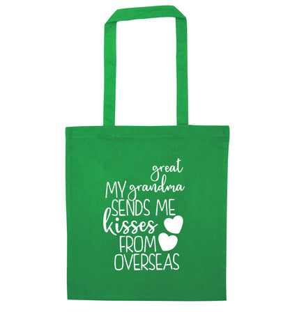 My great grandma sends me kisses from overseas green tote bag