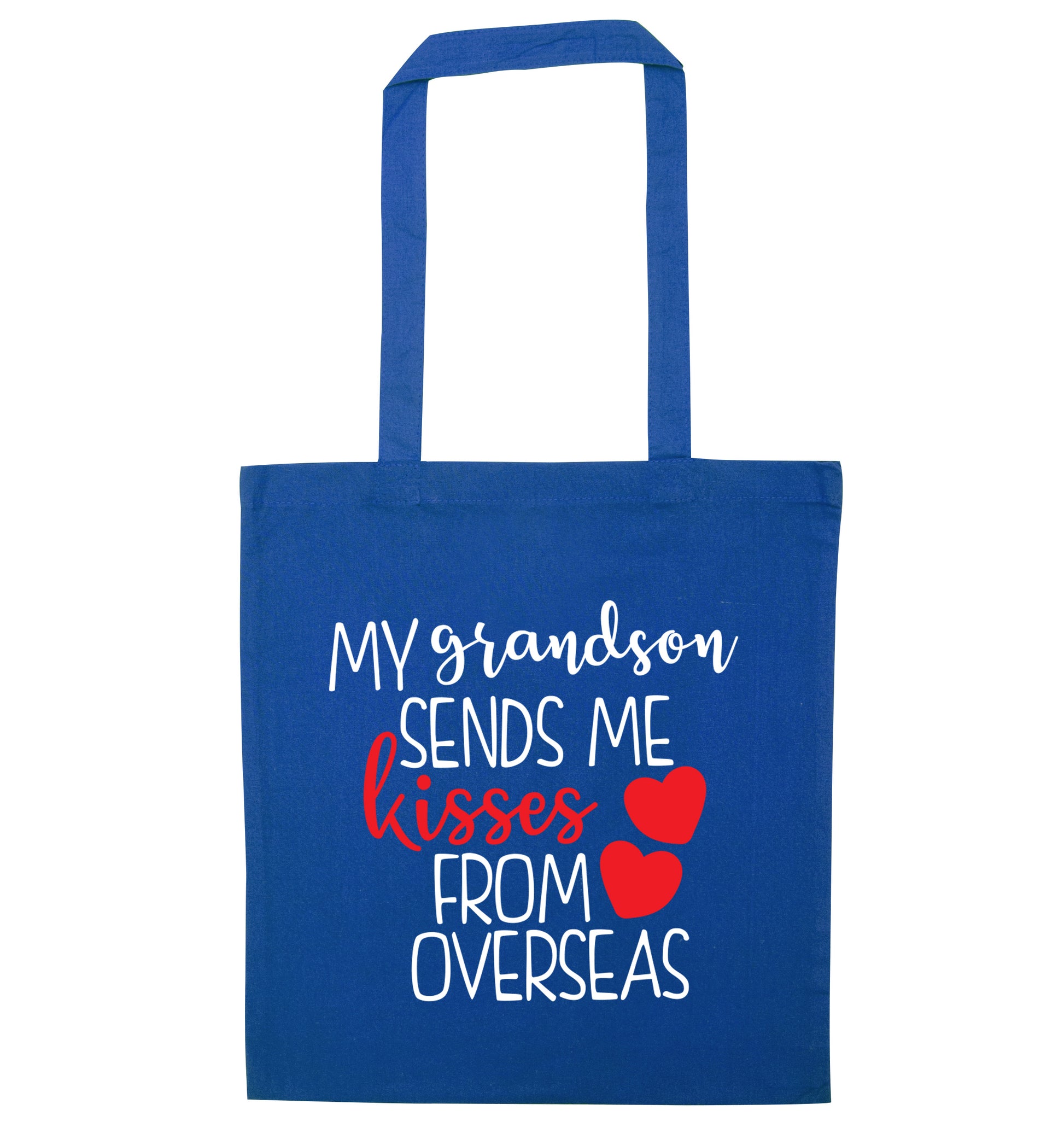 My grandson sends me kisses from overseas blue tote bag