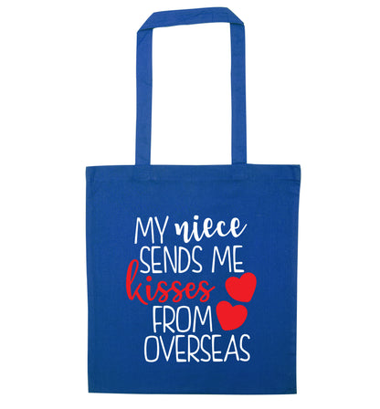 My niece sends me kisses from overseas blue tote bag
