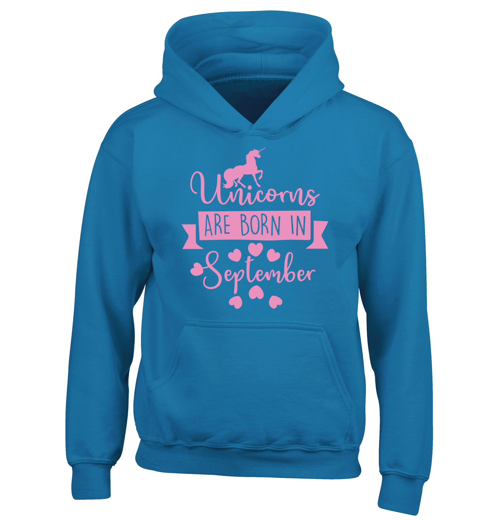 Unicorns are born in September children's blue hoodie 12-13 Years