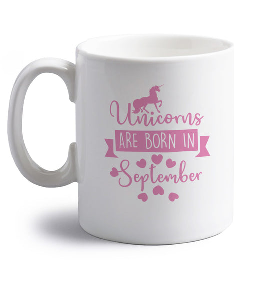 Unicorns are born in September right handed white ceramic mug 
