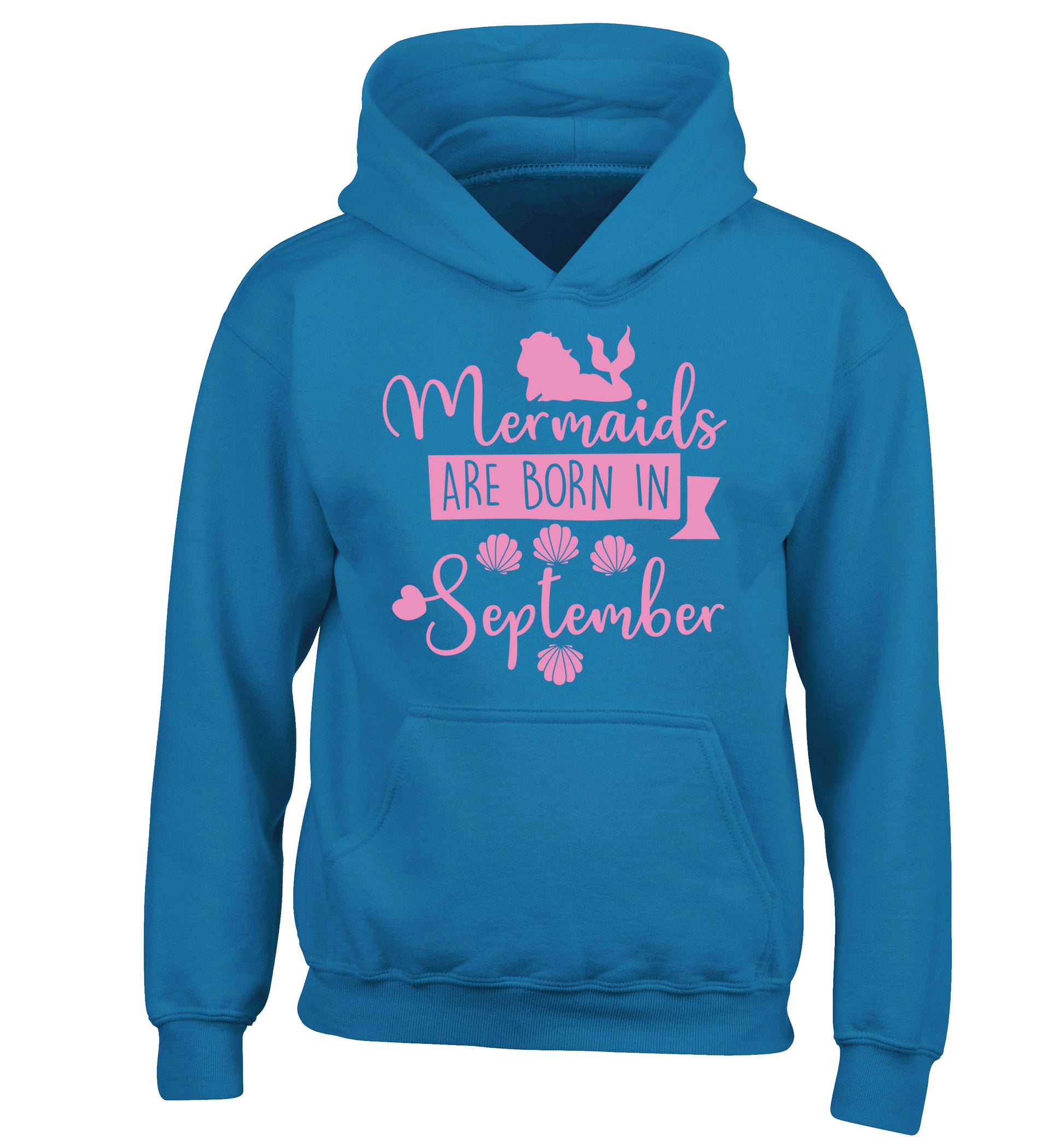Mermaids are born in September children's blue hoodie 12-13 Years