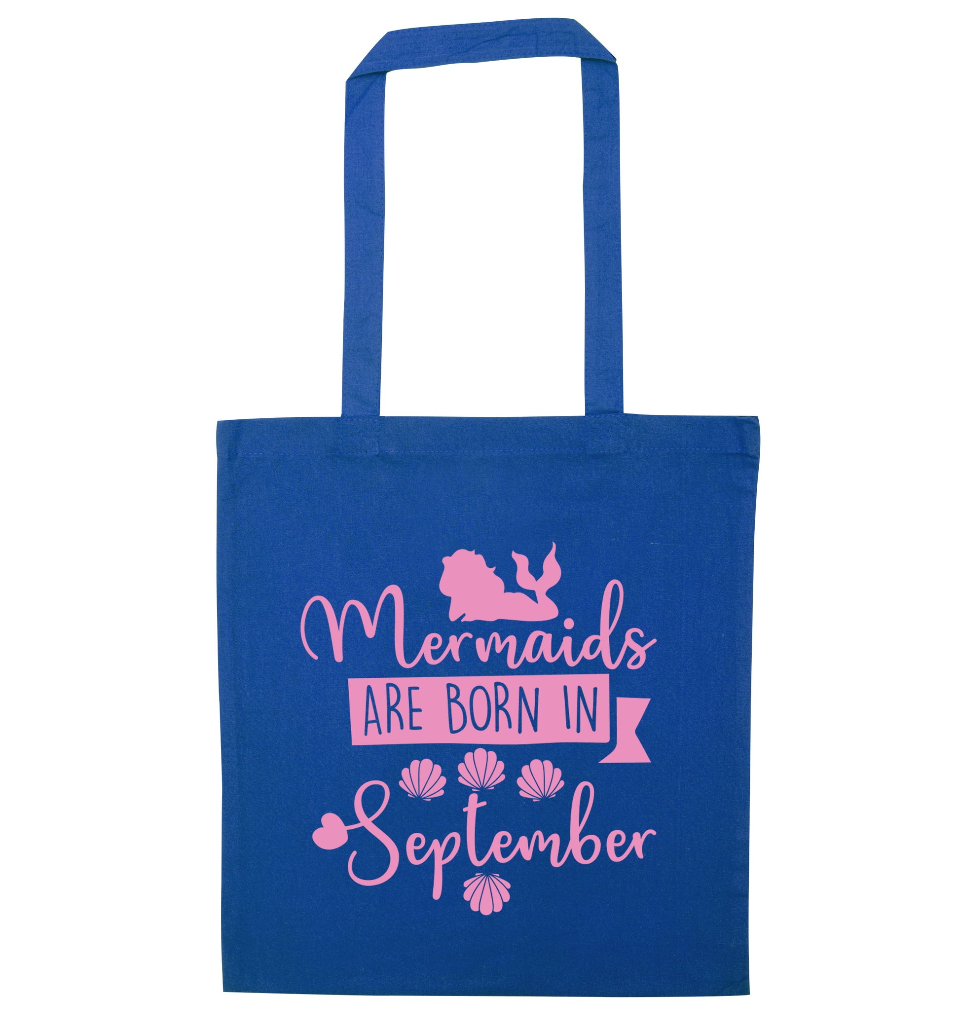 Mermaids are born in September blue tote bag