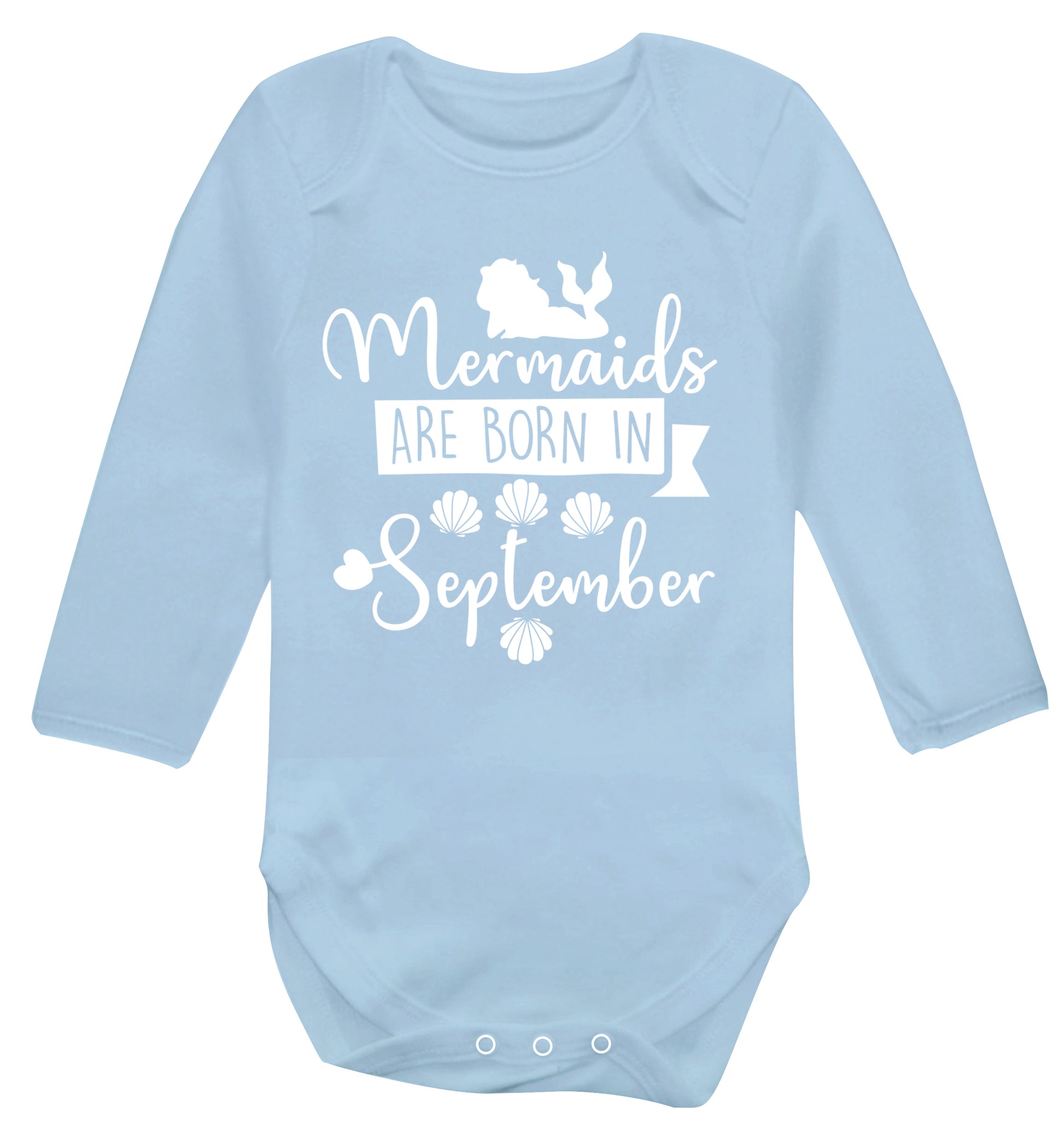 Mermaids are born in September Baby Vest long sleeved pale blue 6-12 months