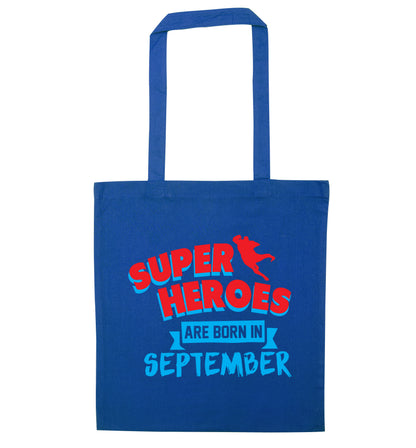 Superheroes are born in September blue tote bag