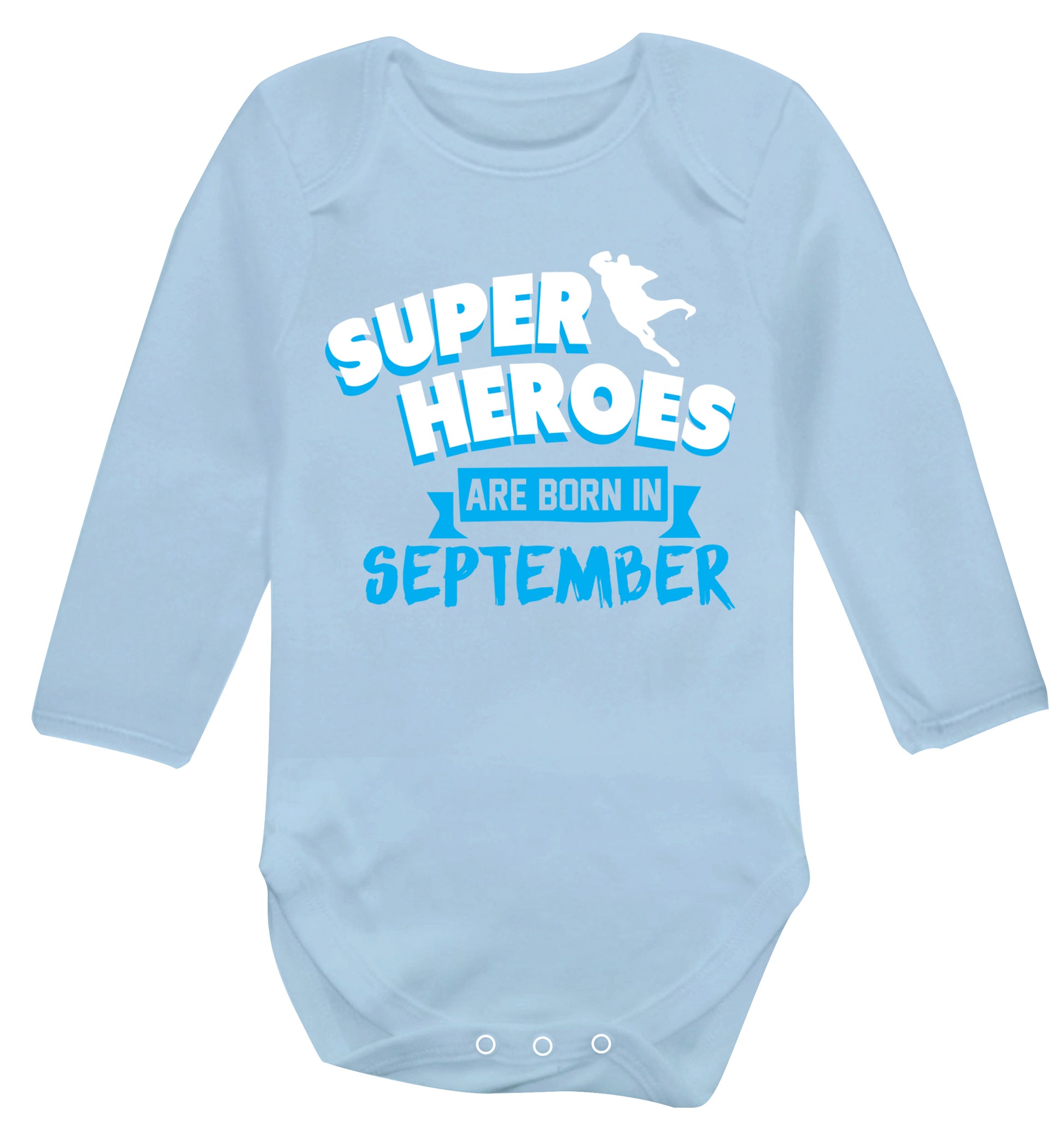 Superheroes are born in September Baby Vest long sleeved pale blue 6-12 months