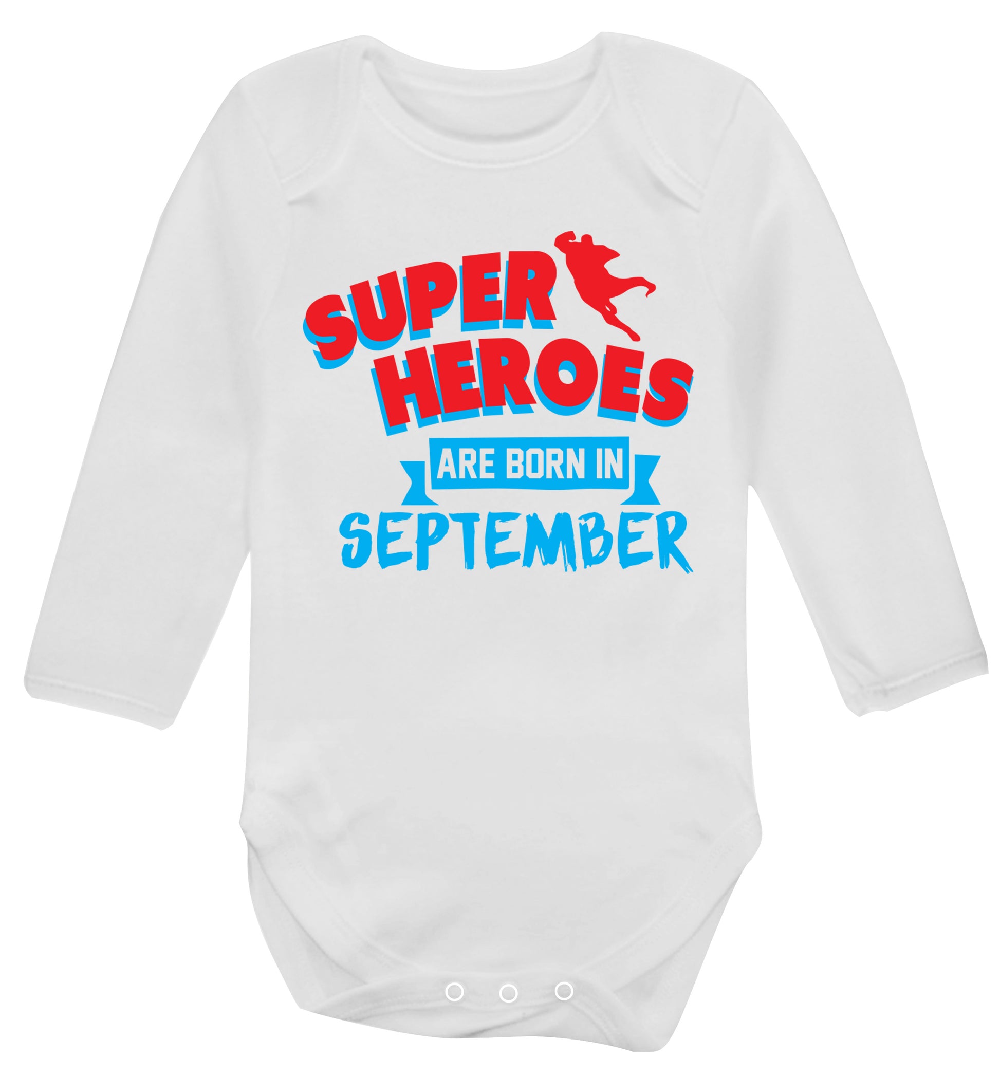 Superheroes are born in September Baby Vest long sleeved white 6-12 months