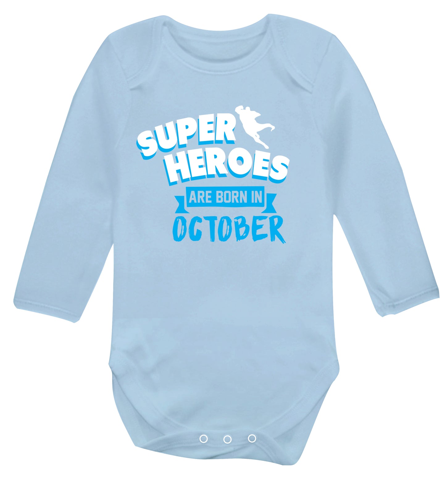 Superheroes are born in October Baby Vest long sleeved pale blue 6-12 months