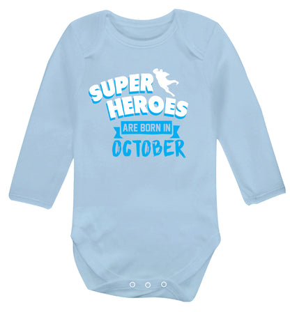 Superheroes are born in October Baby Vest long sleeved pale blue 6-12 months