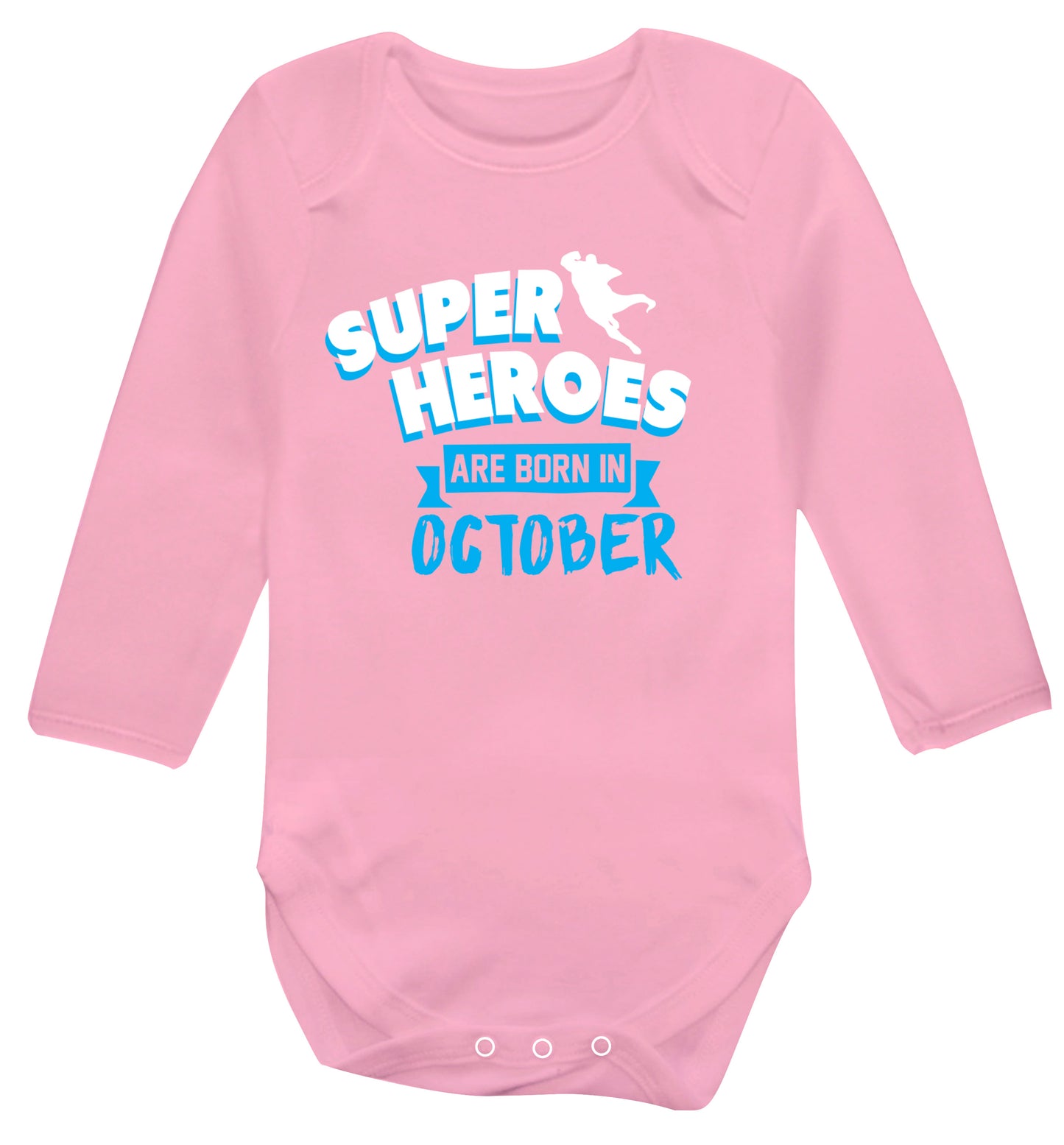 Superheroes are born in October Baby Vest long sleeved pale pink 6-12 months