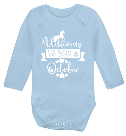 Unicorns are born in October Baby Vest long sleeved pale blue 6-12 months