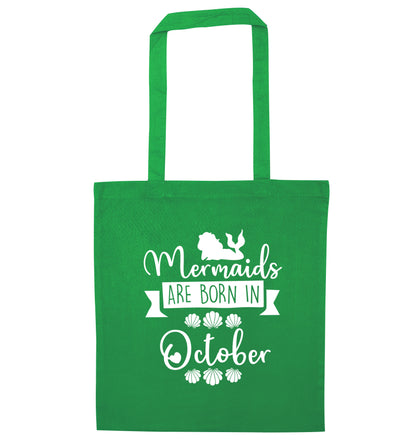 Mermaids are born in October green tote bag