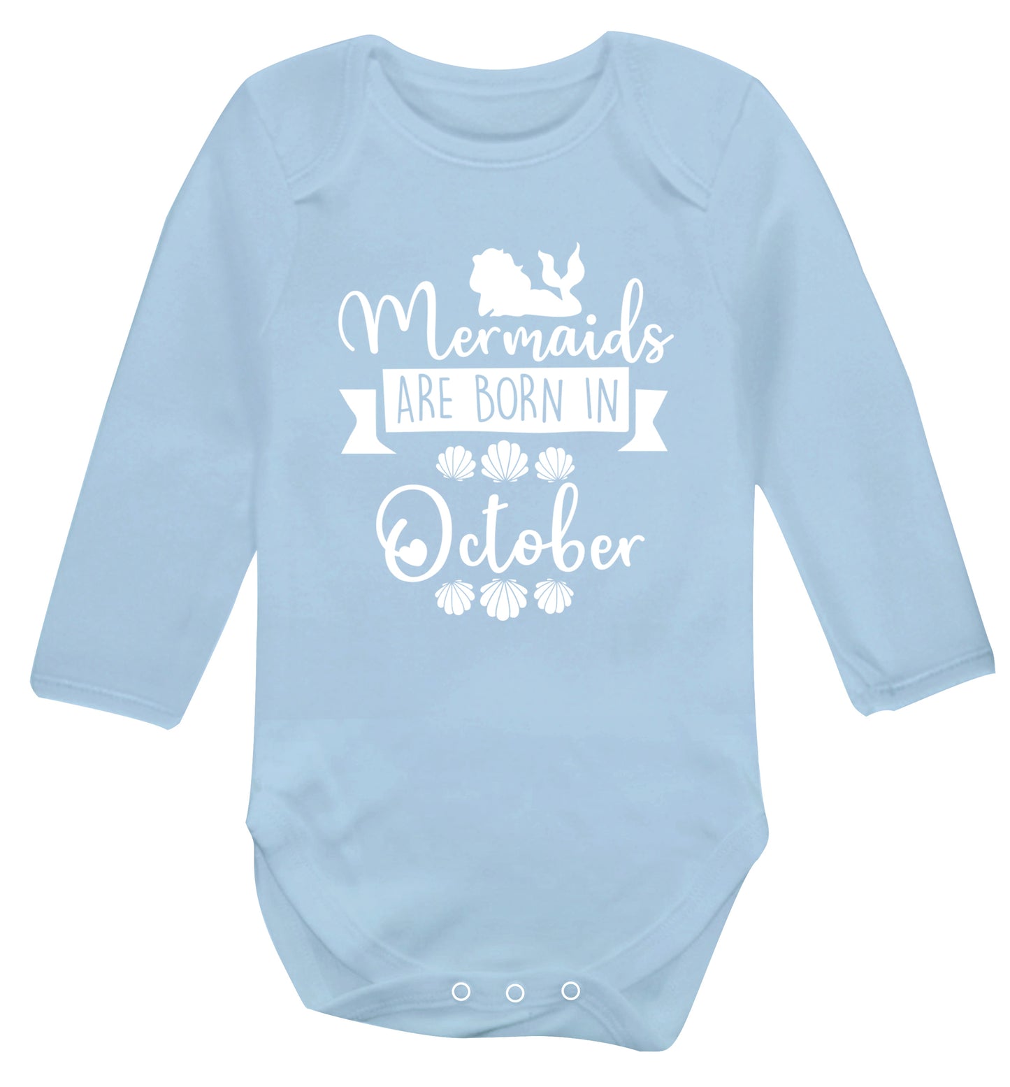 Mermaids are born in October Baby Vest long sleeved pale blue 6-12 months