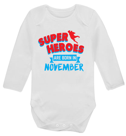 Superheroes are born in November Baby Vest long sleeved white 6-12 months