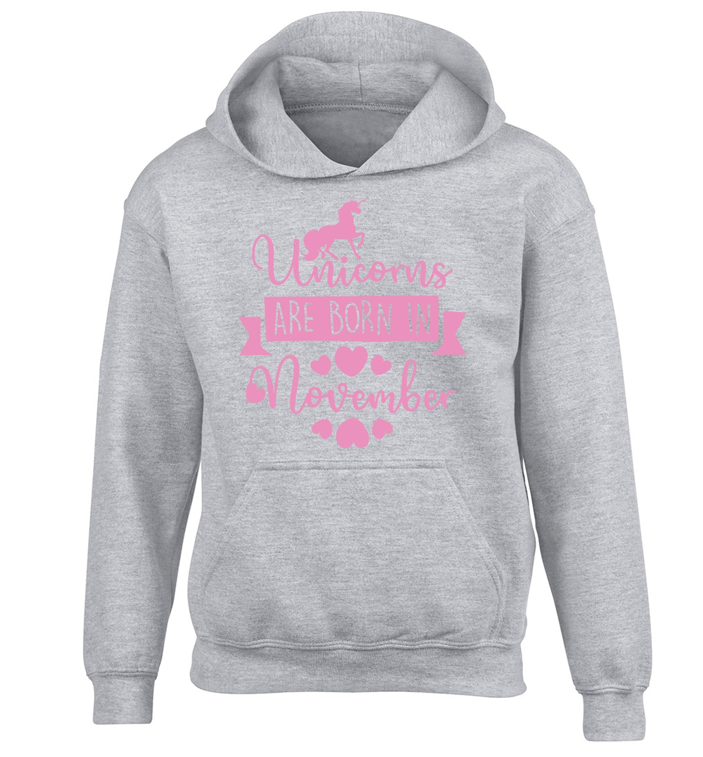 Unicorns are born in November children's grey hoodie 12-13 Years