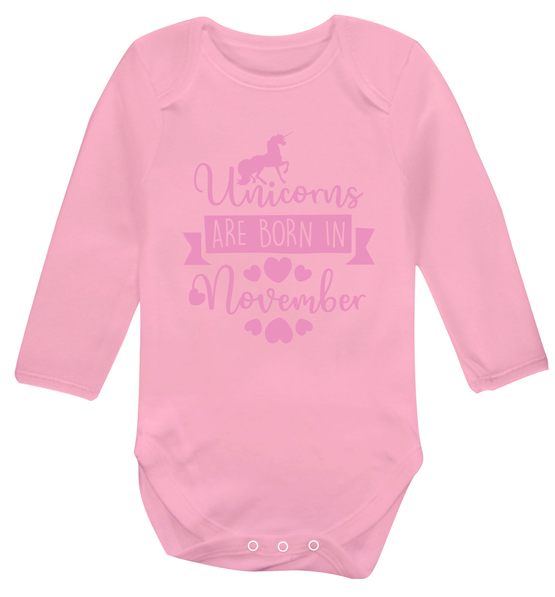 Unicorns are born in November Baby Vest long sleeved pale pink 6-12 months