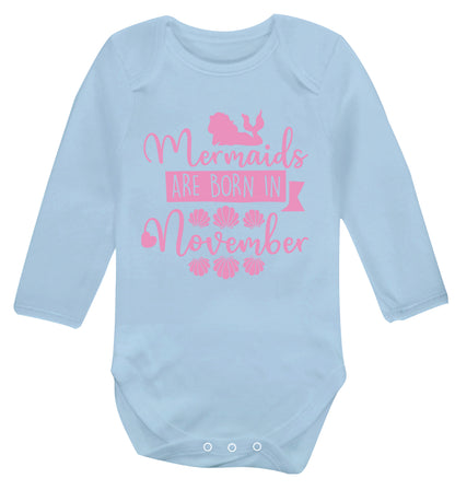 Mermaids are born in November Baby Vest long sleeved pale blue 6-12 months