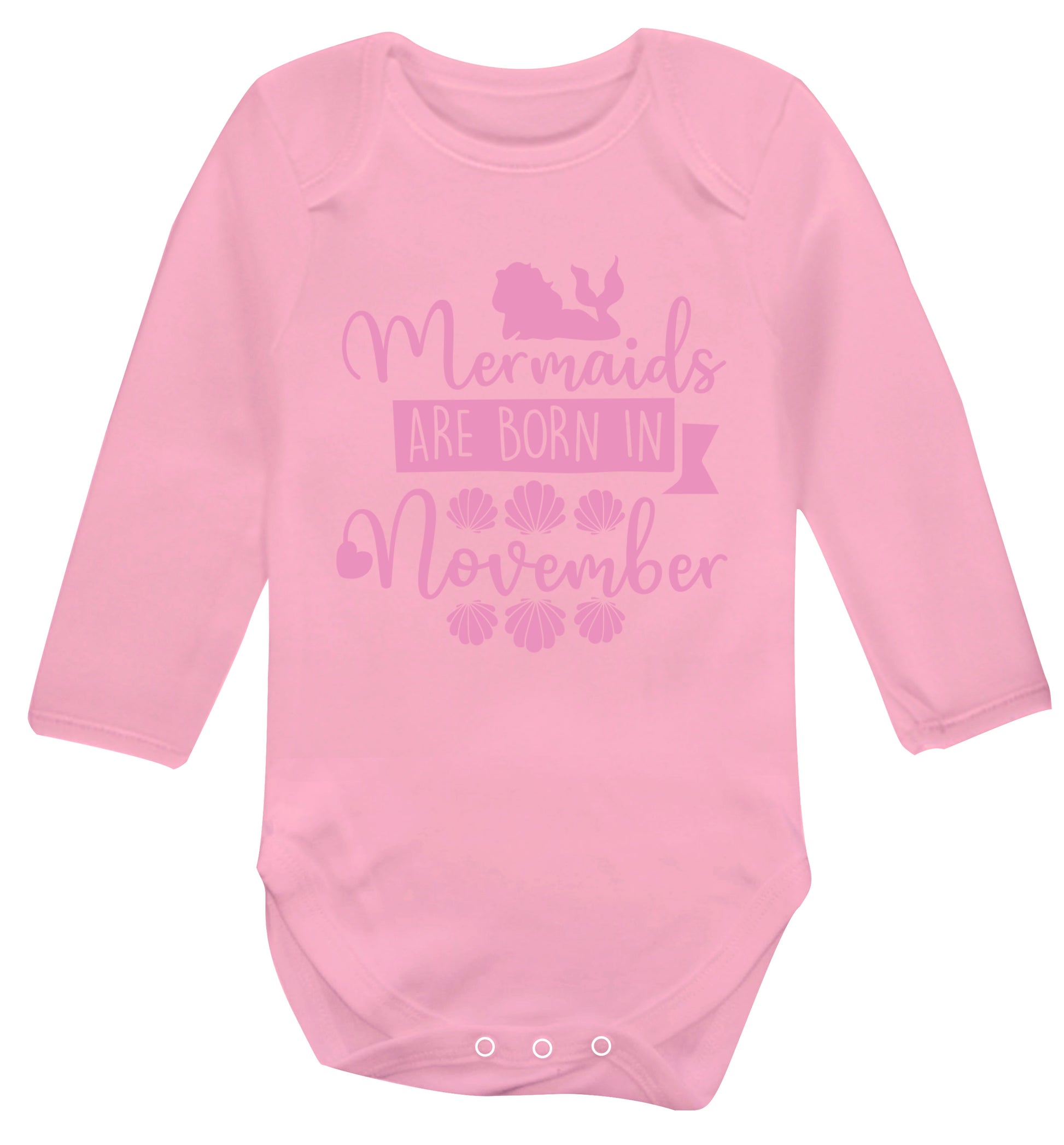 Mermaids are born in November Baby Vest long sleeved pale pink 6-12 months