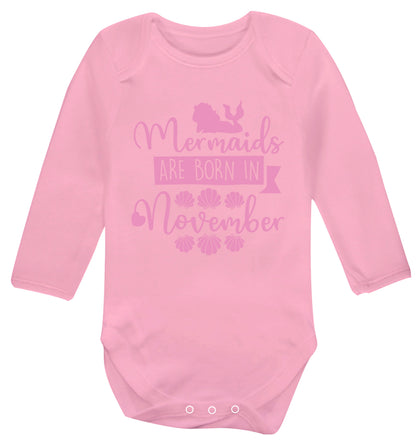 Mermaids are born in November Baby Vest long sleeved pale pink 6-12 months