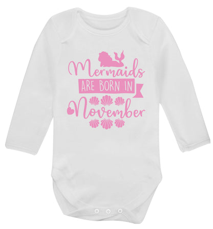 Mermaids are born in November Baby Vest long sleeved white 6-12 months