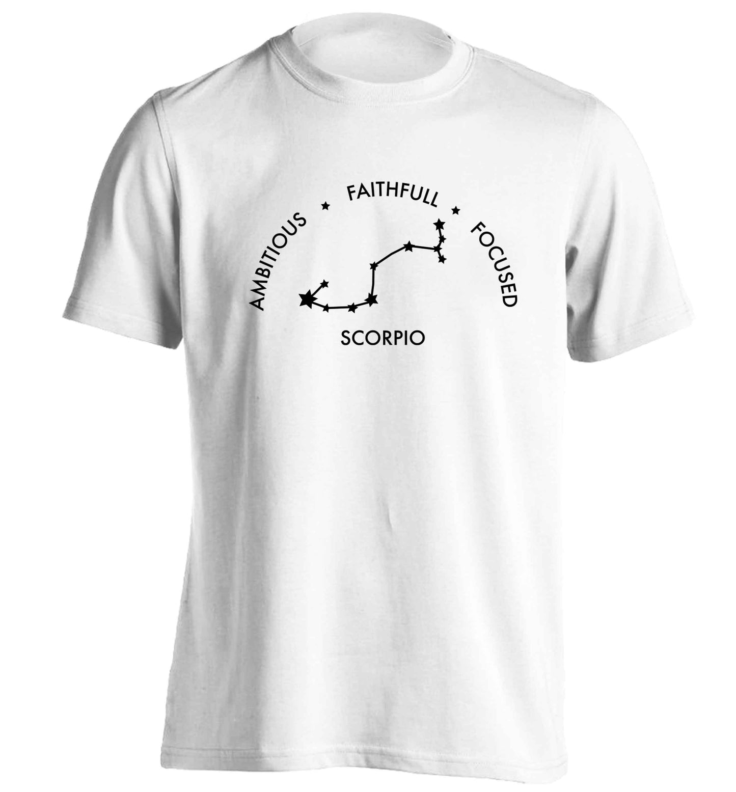 Scorpio, ambitious, faithfull, focused adults unisex white Tshirt 2XL
