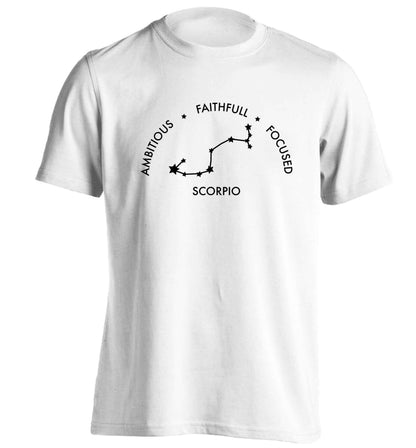 Scorpio, ambitious, faithfull, focused adults unisex white Tshirt 2XL