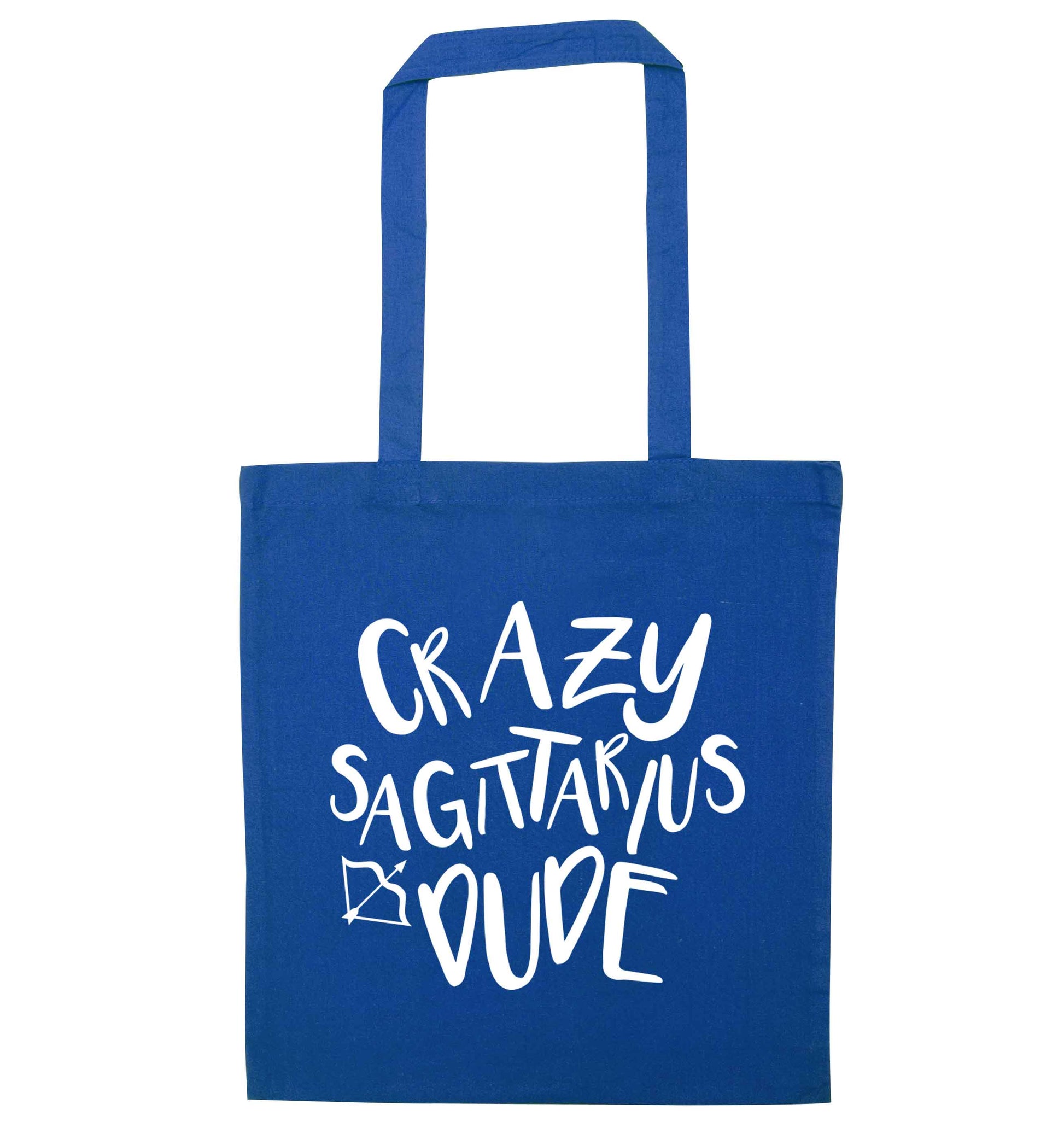 Crazy sagittarius dude blue tote bag