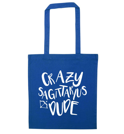 Crazy sagittarius dude blue tote bag