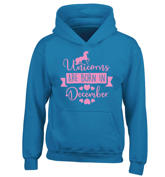 Unicorns are born in December children's blue hoodie 12-13 Years