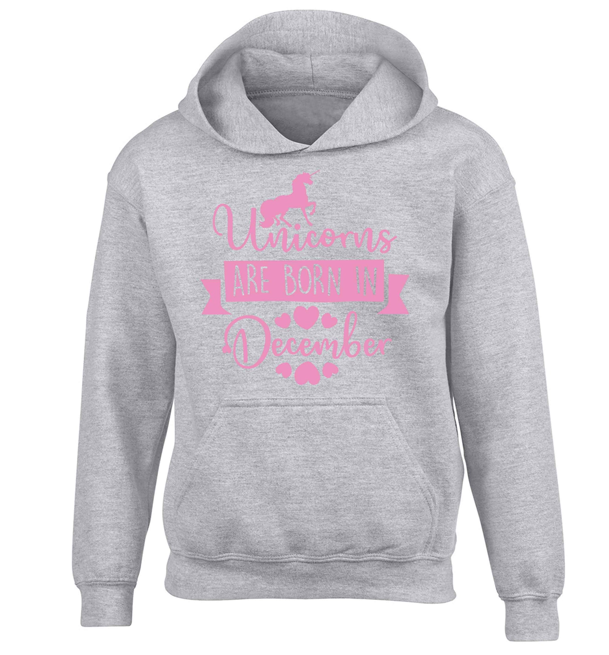 Unicorns are born in December children's grey hoodie 12-13 Years