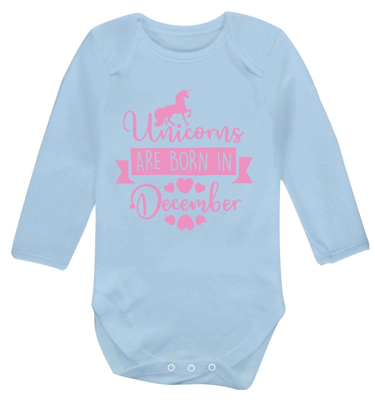 Unicorns are born in December Baby Vest long sleeved pale blue 6-12 months