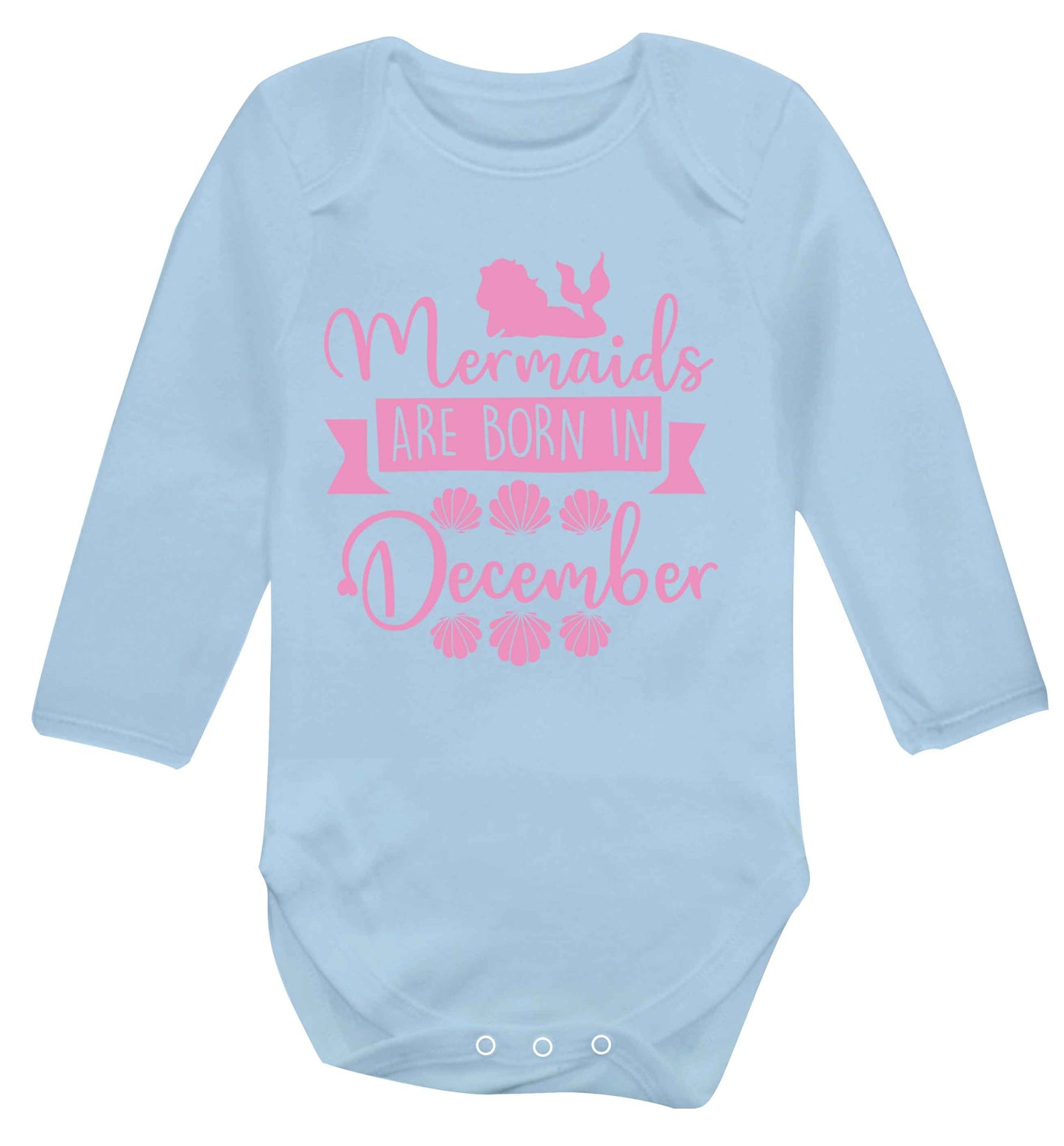 Mermaids are born in December Baby Vest long sleeved pale blue 6-12 months
