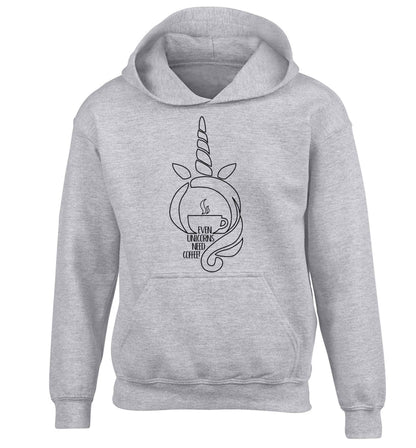 Unicorns need coffee too children's grey hoodie 12-13 Years