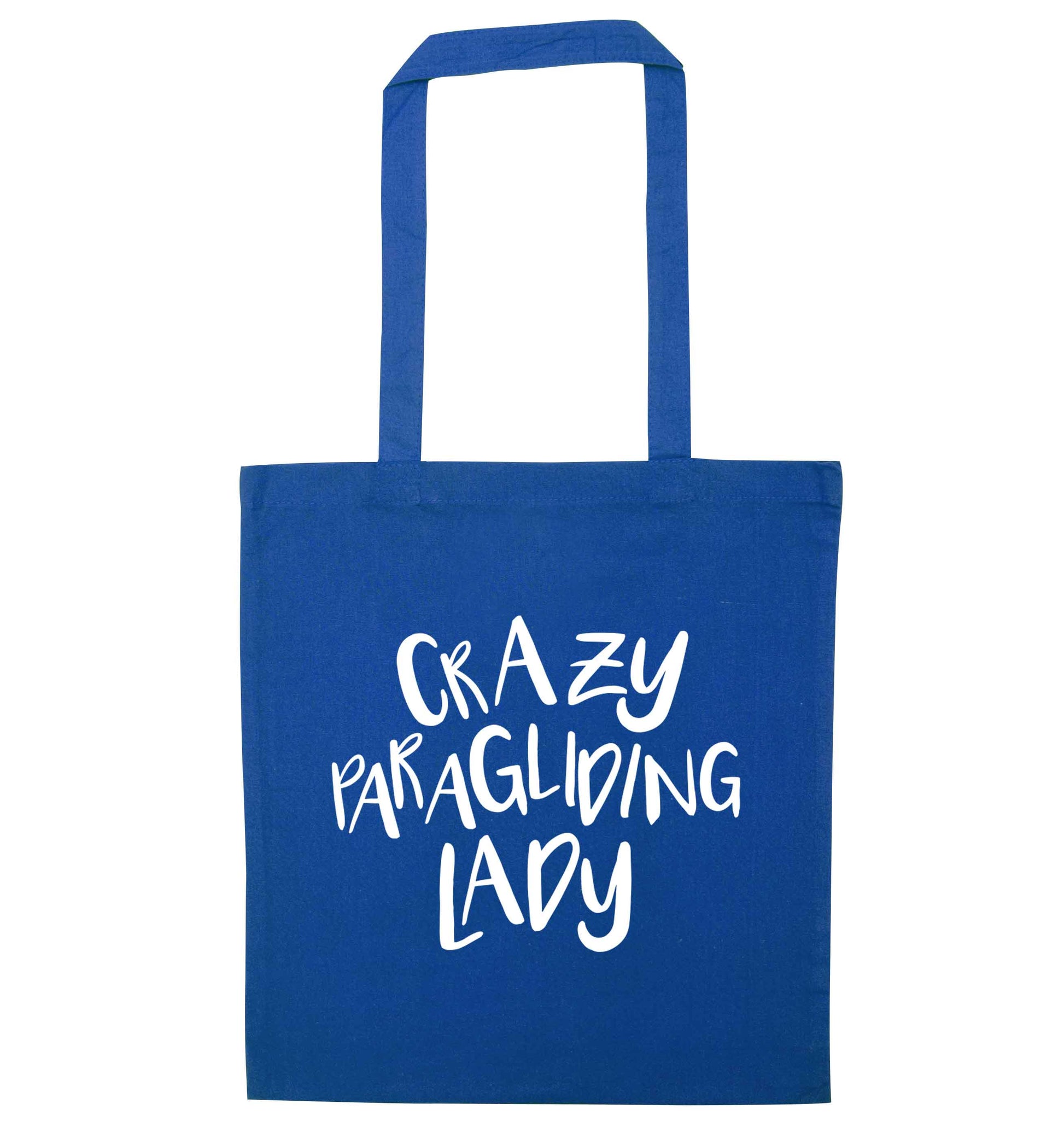 Crazy paragliding lady blue tote bag