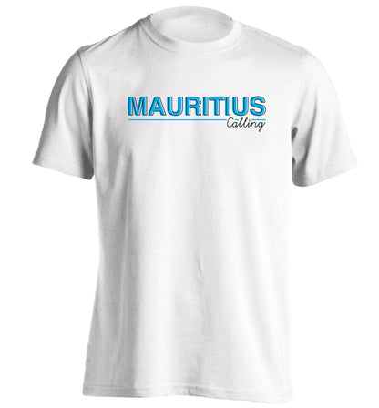 Mauritius calling adults unisex white Tshirt 2XL